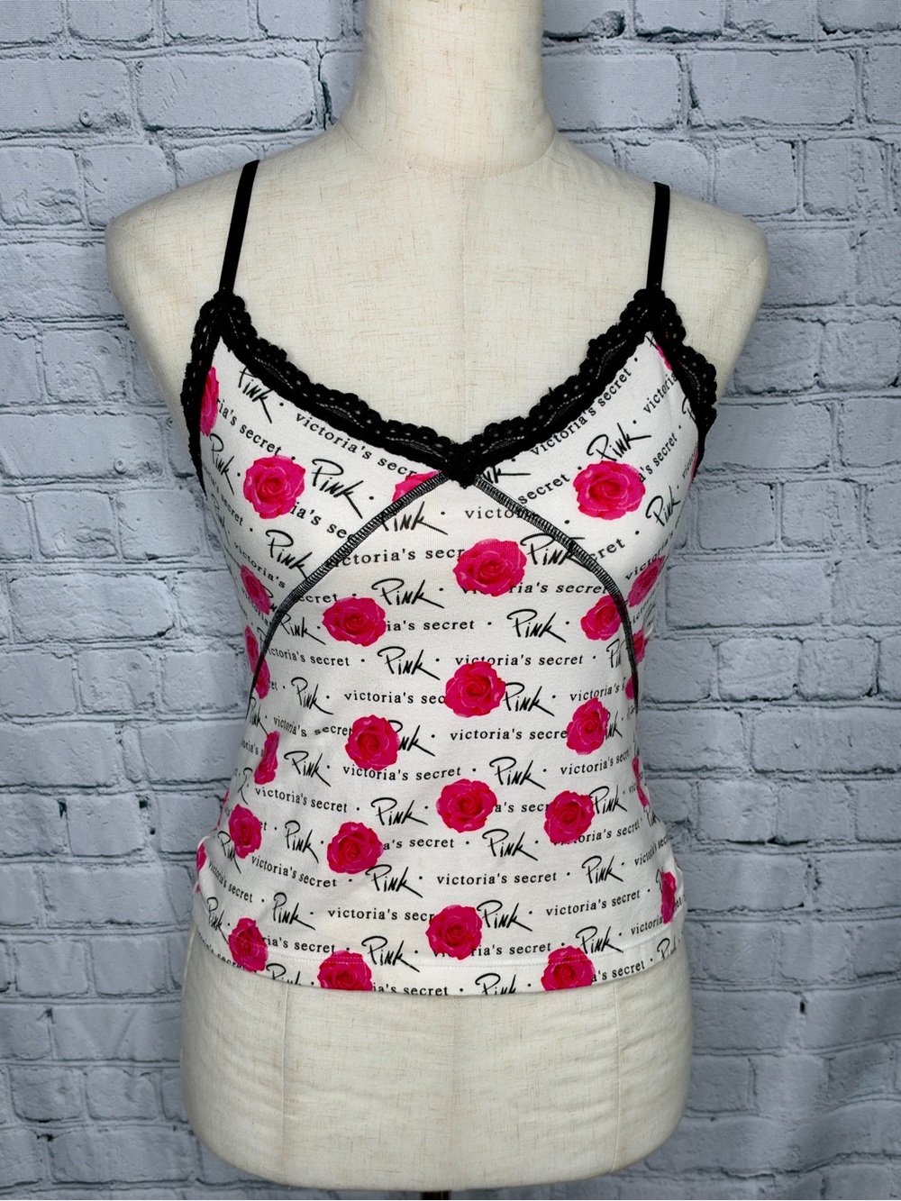 Victoria’s Secret Pink Rose Logo Cami S Lace Trim Y2K Tank Top